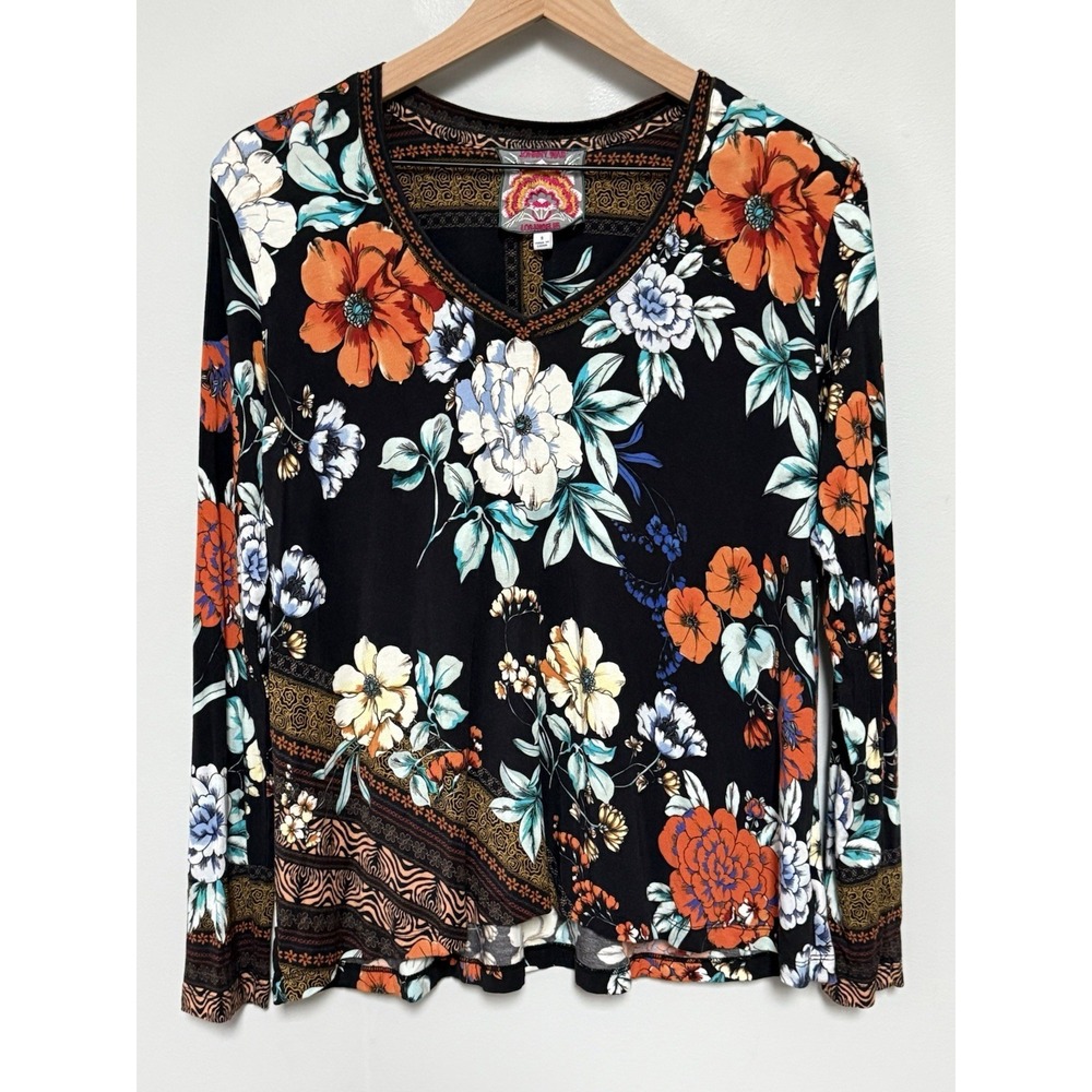 Johnny Was Womens S Golden Spring Favorite Long Sleeve V-Neck Swing Tee Bamboo